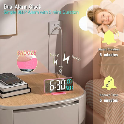 Pink Digital Clock for Bedroom 6.7in Dual Alarm Clock with Dimming, 12/24h, Seconds, Date, Day of Week, Temp, Desk Clock, LED Clock for Table Decor, Digital Calendar Table Clocks for Bedrooms KOSUMOSU