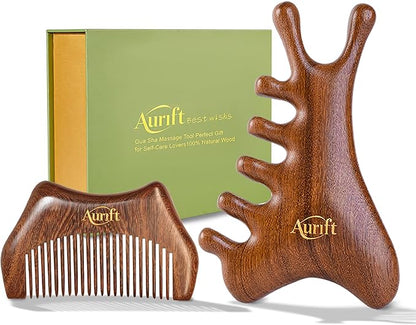 4-in-1 Wooden Gua Sha Tool Set – Facial, Body & Scalp Manual Guasha Massage Tool for Tension Relief, Includes Portable Mini Wooden Comb,Valentine’s Day Gift-Ready Box