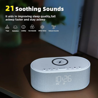 Sound Machine Alarm Clock Wireless Charger: Bluetooth 10W Stereo Sound Speaker Bedroom - White Noise Machine for Sleeping with 21 Soothing Sounds