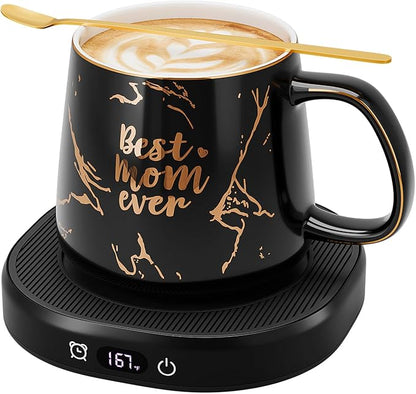 Coffee Mug Warmer, Best MOM Ever Mug with Coffee Warmer Set, Electric Coffee Cup Warmer for Desk 8H Auto Shut Off, Tea Beverage Warmer with 4 Temperature Setting, Women Mothers Day Birthday Mom Gifts
