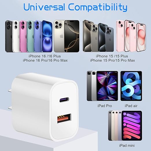 Dual Port A/C Charger for iPhone 17 16 15,Double USB A/C Charger Fast Charging Block,2Pack Quick USB C Chargers Fasr Charging 6FT Type C Cable for iPhone 17/17 Pro Max/17 Air/16 Pro/16e/15 Plus/15 Pro