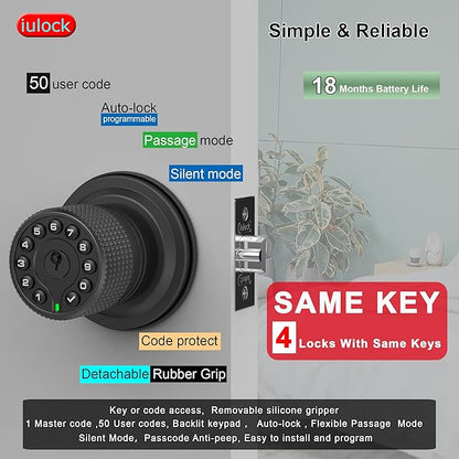 iulock Smart Door Knob with Keypad and Key,Keyless Entry Door Lock with Rubber Grip, Auto Lock,50 User Code,Waterproof, Easy to Install and Program for Bedroom (Matte Black Same Key 4 Pack)