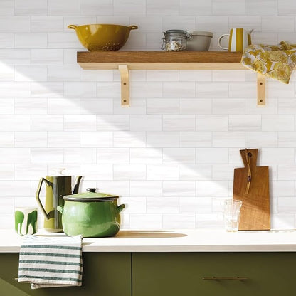 Vamos Tile 100-Piece Glossy Dolomite White Peel and Stick Backsplash Tile,3''x6'' PVC Subway Tile with White Grout, Stick on Backsplash for Kitchen/Bathroom/Fireplace