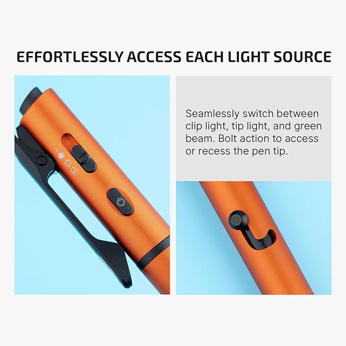 OLIGHT O'Pen 3 EDC Pen Light,120 Lumens with Green Beam, Red and White, USB-C Rechargeable LED Flashlight for Office, Writing, Presentation, Outdoor Uses, Professional Business Gift(Orange)