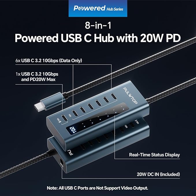 USB C Hub for Laptop, PULWTOP 7 in 1 10Gbps USB Adapter Support Data & Charging(Not Support Video), USB Hub 10Gbps Ports for iMac, MacBook Pro/Air, iPad, XPS, USB Hub Multiport Adapter