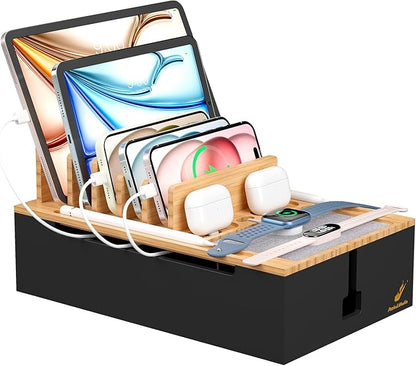 Pezin & Hulin Bamboo Charging Station, Electronic Devices Organizer for Multiple Devices Charger Such As Cell Phone, Tablet, Watch and More, Natural+Black, (No USB Charger and Cables