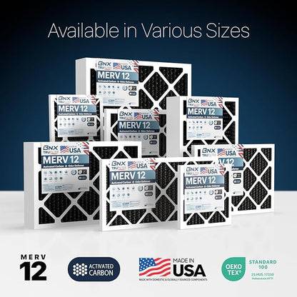 BNX TruFilter 18x18x1 MERV 12 Odor Defense (2-Pack) AC Furnace Air Filter with Activated Carbon - MADE IN USA - Pleated Air Conditioner HVAC AC Furnace Filters - Removes Odor, Mold, Bacteria, Smoke