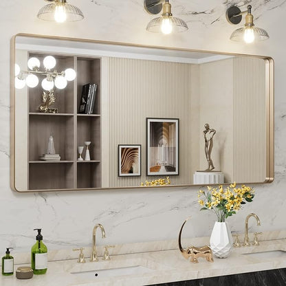 LOAAO 60”X28” Gold Bathroom Mirror, Rounded Rectangle Gold Frame Mirror, Brushed Gold Bathroom Vanity Mirror Wall-Mounted, Anti-Rust, Tempered Glass, Hangs Horizontally or Vertically