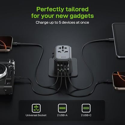 EPICKA Pulse 45W European Travel Plug Adapter, Universal Power Adapter with PD Fast Charging, 5-Port (1 AC/2 USB-A/2 USB-C) International Charger Adapter for Europe, Japan - Travel Essentials (Black)