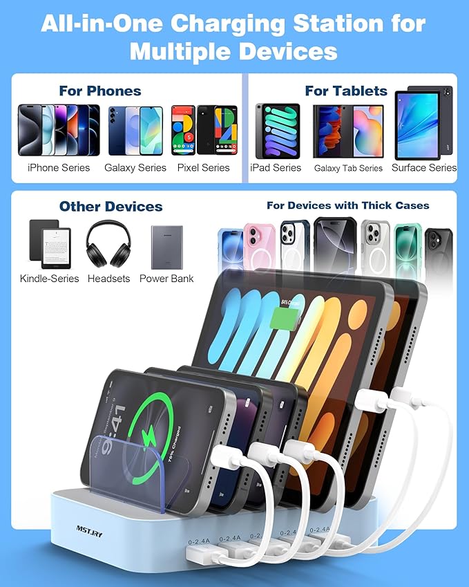 MSTJRY Charging Station for Multiple Devices : 5 Port Multi USB-A Charger Stations Multi-Device Organizer Charging Dock Designed for iPhone iPad Cell Phone Tablets (7 Short Cables Included), Blue
