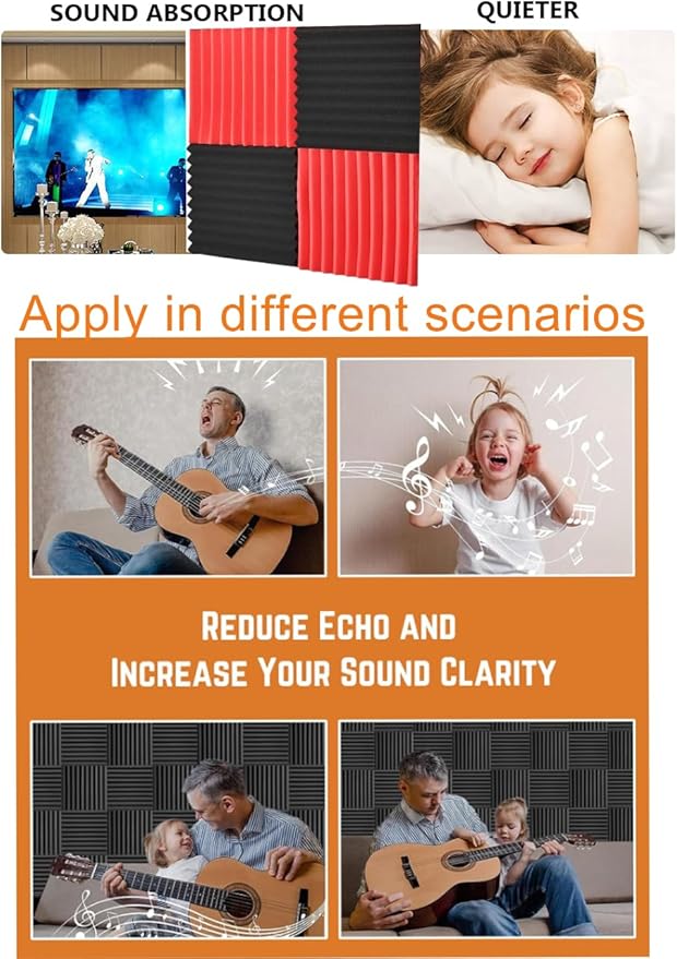 Acoustic Foams Panels 48 Pack 1" x 12"x 12" Sound Proof Foam Panels for Walls High Density and Fire Resistant Soundproofing Panels Soundproof Studio Wedges Sound Dampening Panels Black Red