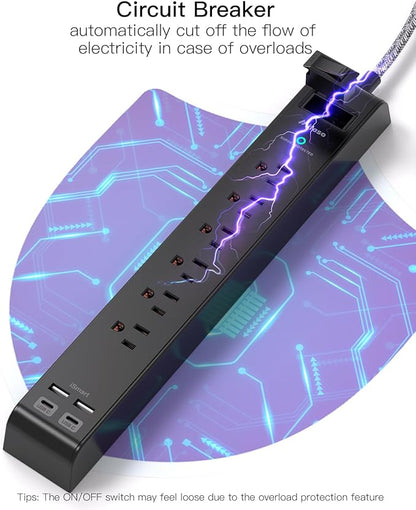 2 Pack Surge Protector Power Strip, 6 Outlets 4 USB Charging Ports, 12Ft Braided Extension Cord, Slim Flat Plug, Wall Mount, Desk Accessories, Home Office Essentials