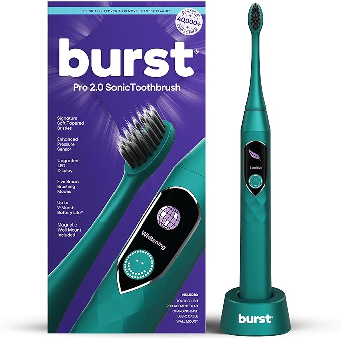 Burst Pro 2.0 Sonic Toothbrush for Adults (Marine Teal) | Electric Toothbrush with Smart Pressure Sensor | Soft Bristles | 5 Modes/Refined Scoring System | USB-C Charging | Magnetic Wall Mount