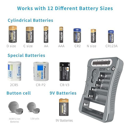 Dlyfull Universal Battery Tester with LCD Display, Multi Purpose Small Battery Checker for AA AAA C D 9V CR2032 CR123A CR2 CRV3 2CR5 CRP2 1.5V/3V Button Cell Batteries