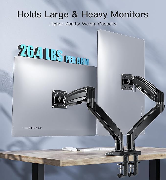 HUANUO 13 to 40 Inch Dual Monitor Arm for 2 Ultrawide Screens, Height Adjustable Full Motion Stand with 2 USB Port, VESA 75/100mm Mount, Holds up to 26.4lbs per Arm, Black