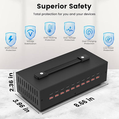 Portable USB~C Charger Block, 200W(20A) 20 Port (10 A & 10 C Port) Home Fast Charging Station for Multiple Devices, Desktop USB Wall Charger Compatible with iPhone, iPad, Kindle, Tablets, Watch
