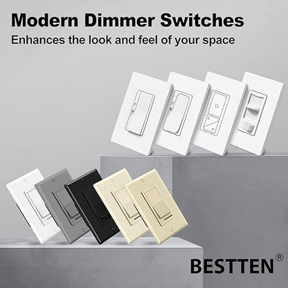 BESTTEN 10 Pack Dimmer Light Switch, Single-Pole or 3-Way Dimmer Switches, 120V, Compatible with Dimmable LED, CFL, Incandescent and Halogen Bulbs, Decorator Wallplate Included, UL Listed, White