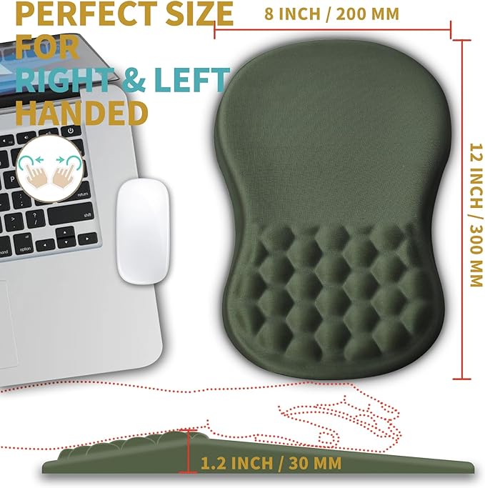 Hokafenle Ergonomic Mouse Pad Wrist Support with Massage Design, Wrist Rest Pain Relief Mousepad with Memory Foam&Non-Slip PU Base, Mouse Pads for Wireless Mouse & Desk (12x8 inch,Olive Green)
