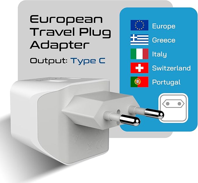 Ceptics European Travel Plug Adapter - USB-A & C, Type C Adapter for Turkey, Egypt, Iceland - USA Input - Ideal for Phones, Chargers, Cameras & More