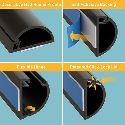 D-Line Half Round Cord Hider, Patented Cable Cover, Hide TV Wall Mount Wires, Raceway for Cords, Decorative Wire Covers, Paintable, Adhesive Cable Concealer, 1x 0.78in W x 0.39in H x 39in L, Black