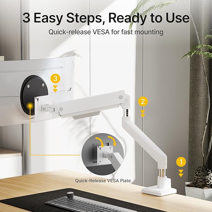 monTEK Single Monitor Arm for Max 45 Inch Ultrawide Screens Adjustable Monitor Desk Mount Holds 35 Lbs Cable Management with C Clamp/Grommet Desk Mount, VESA 75/100mm, MA1007WH