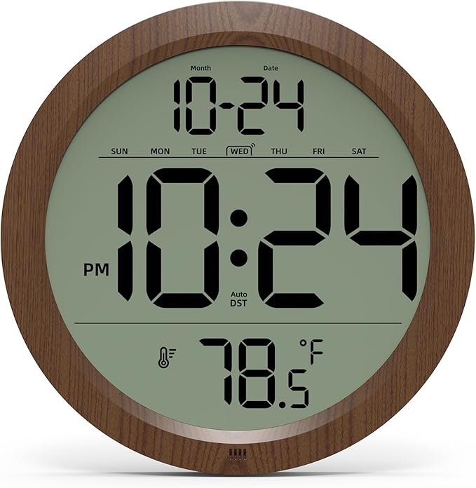 Digital Wall Clock with Date, Indoor Temperature, Auto-DST, Battery-Operated Digital Clock, 8 Inch Small Decorative Wood Wall Clock for Bedroom, Living Room, Kitchen, Office, Modern, Electric, Simple