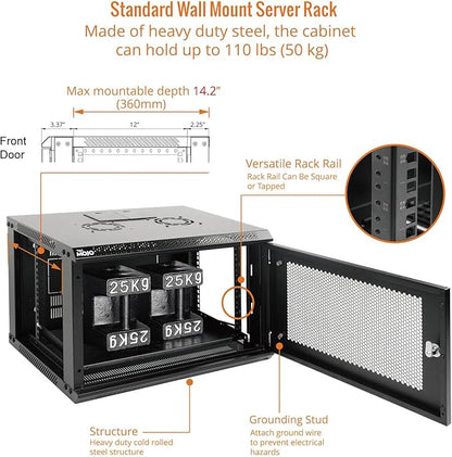 Tecmojo 6U Wall Mount Rack Network Cabinet for 19" IT Equipment,with Lockable Mesh Door and Side Panels,Cooling Fan,450mm Depth (Standard 6U/450mm Deep), Mesh/Black