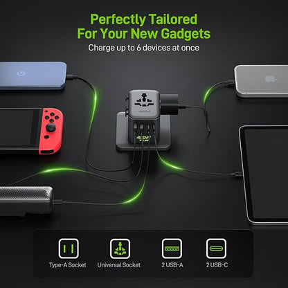 Epicka Pulse Duo 45W Universal Travel Adapter, International Power Adapter with PD & QC 3.0 Fast Charging for 2 Devices Simultaneously, European Travel Plug Adapter, Travel Essentials (Black)