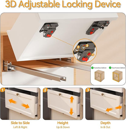 Chibery 9 12 15 18 21 Inch Undermount Soft Close Drawer Slides, Full Extension 3D Locking Device, Concealed Bottom Mount Rails for face Frame Cabinet, Rear Mount Brackets, 100 LB, 15 inch-1 Pair