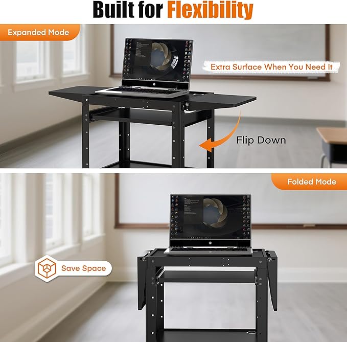 All-Steel Rolling AV Cart with Adjustable Height & Built-in Power – Heavy-Duty Media Workstation with Drop-Leaf Shelves & Wheels for Projectors, Laptops, Printers – Classroom, Office & Studio, Black