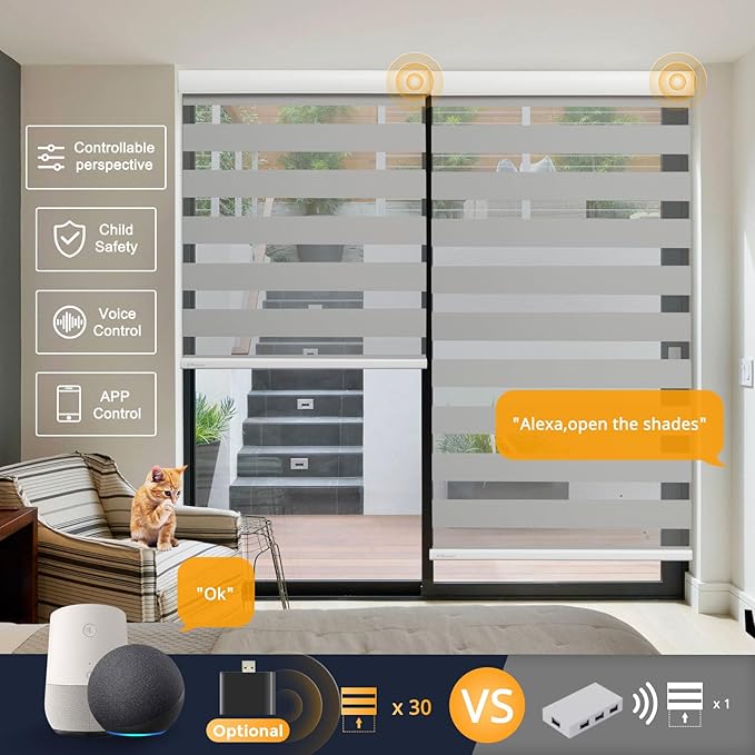 MUSCLEAREA Motorized Blinds with Remote, Cordless Automatic Zebra Shades, Smart Blind for Windows, Grey, 34 x 72