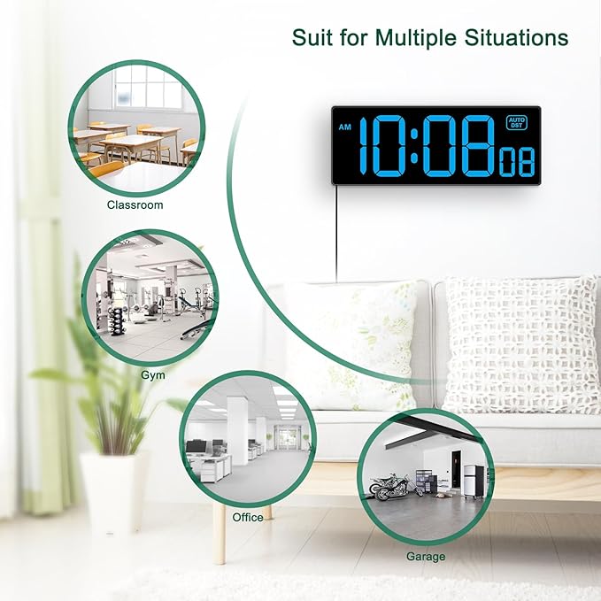 Soobest LED Wall Clock Digital Clock with Seconds, Electric Plug in Large Big Numbers Clock 5 Dimmers Wall Mount for Living Room, Auto DST, 10 Inches (Blue)
