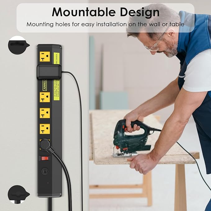 JUNNUJ Heavy Duty Metal Power Strip 20 Amp, High Amp Surge Protector 6 Outlet, 20A Power Strips Workshop Industrial Outlets Wide Spaced 6-20R T-Slot with Circuit Breaker, 12 Gauge Extension Cord 15ft
