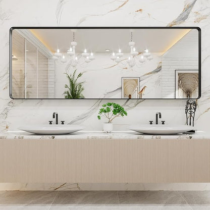 LOAAO 84x32 Inch Black Metal Framed Bathroom Mirror for Wall, Matte Black Bathroom Vanity Mirror Farmhouse, Large Rounded Rectangle Mirror, Anti-Rust, Tempered Glass, Hangs Horizontally or Vertically