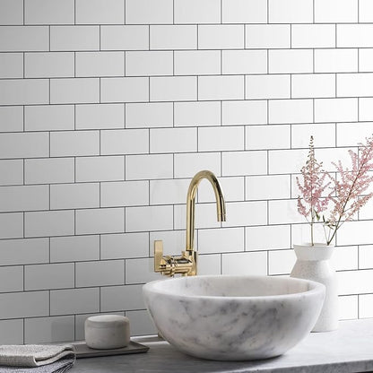 Vamos Tile 100-Piece Glossy Pure White Peel and Stick Backsplash Tile,3''x6'' PVC Subway Tile with Dark Gray Grout,Stick on Backsplash for Kitchen/Bathroom/Fireplace