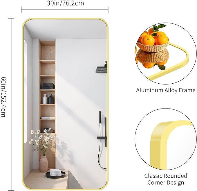 FORBATH 30x60 Inch Gold Bathroom Mirror for Over Sink, Large Rectangular Wall Mirror with Metal Frame, Rounded Corners for Bathroom, Bedroom, Entryway Decor (Horizontal or Vertical)