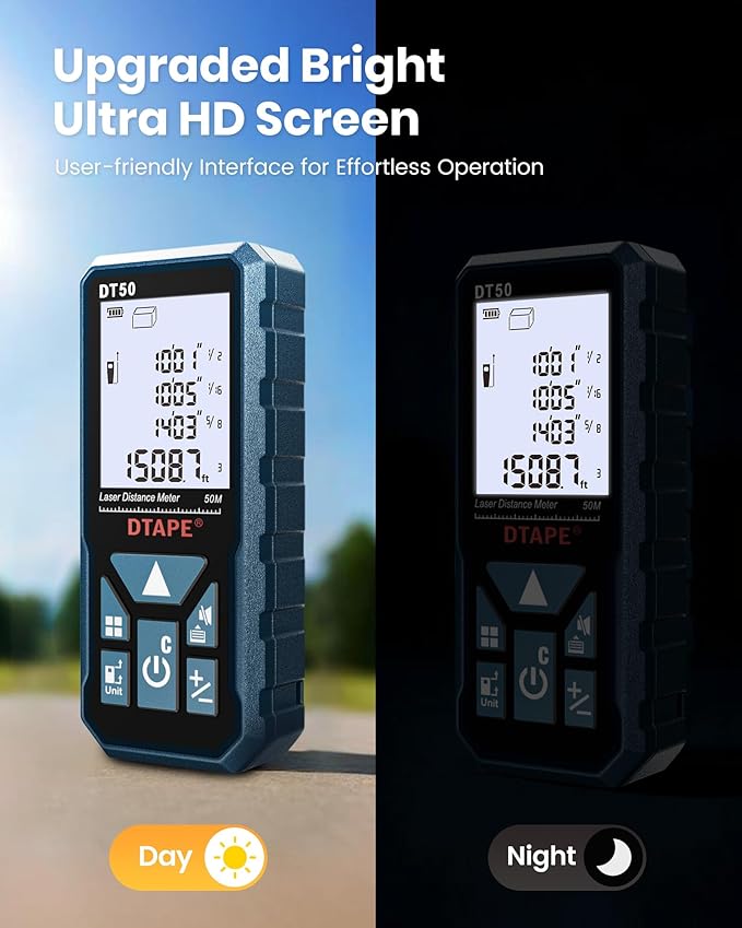 Laser Measure, DTAPE 165 Ft Digital Laser Distance Meter, Upgraded High-Accuracy Laser Measuring Tool, Electronic Tape Measure, 2" Backlit LCD Display, Area/Volume/Indirect Measurement, in/Ft/Ft+in/M