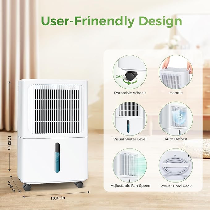2,500 Sq Ft Home Dehumidifier with Drain Hose, 55 OZ Water Tank, 24 Hr Timer, 34 Pints High Efficiency Compressor for Basement, Bedrooms, Bathrooms and Laundry Rooms