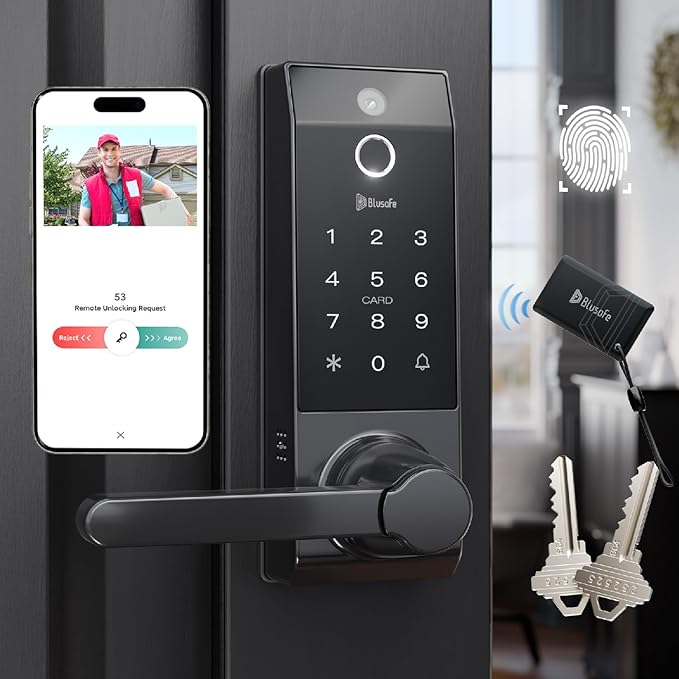 Smart Lock Doorbell Fingerprint Smart Door Lock Deadbolt for Homeowners or Parents Door Lock with Camera and Door Handle for Renters, Keyless Entry Door Lock for Front Door(Contour V Black)