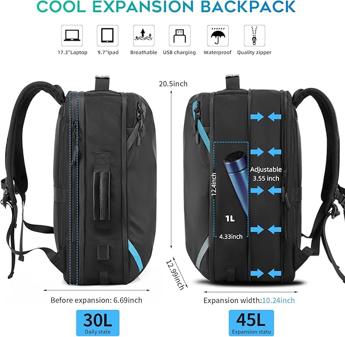 Travel Carry on Backpack, Extra Large Expandable 45L Backpack for Flight approved, 17.3" Laptop with USB Charging Port Backpacks, Water Resistant Computer Business Backpack for Men & Women