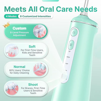 Water Flosser for Teeth, Cordless Oral Irrigator Portable Dental Cleaner Picks with 8 DIY Modes 7 Jets 300ml Tank Braces Flossers Rechargeable (Green)