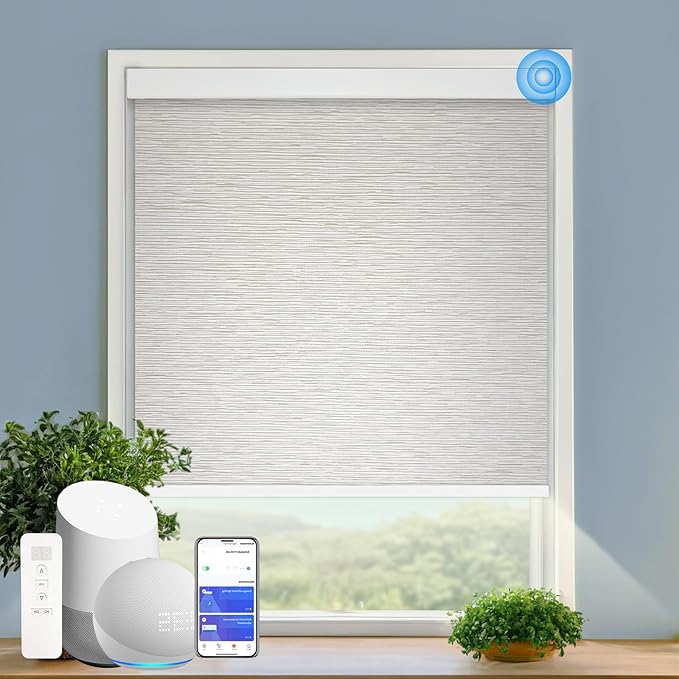 COOLWINDS Motorized Blinds with Remote Cordless Automatic Motorized Shades Custom Blinds for Windows Smart Curtains Compatible with Alexa Google Home(Light Filtering Jacquard Beige,W36 x H72in)