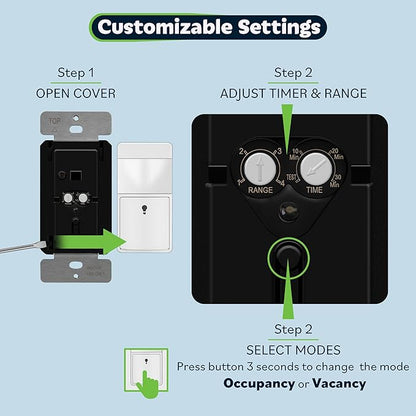 TOPGREENER Motion Sensor Switch, PIR Sensor with Ambient Light Level, Occupancy & Vacancy Modes, No Neutral Required, Ground Wire Required, 150W LED/CFL, Single Pole, TDOS5-JM-W-6PCS, White, 6 Pack