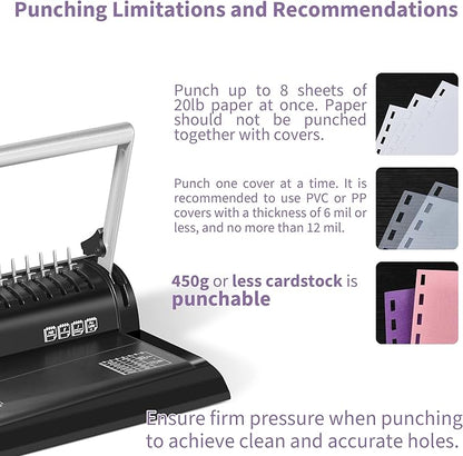 Binditek Binding Machine, 19-Hole, 145 Sheets, Comb Binder Machines with 30 PCS 1/2" Binding Combs, for Letter Size, Fixed Margin