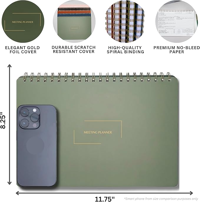 | Meeting Notebook for Work | 8.25" x 11.75" | Project Planner | Simple Design | Multiple Layouts | Office and Business Planner (Evergreen, Meeting Planner - Landscape)