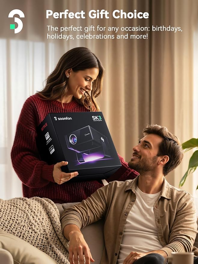 SOOMFON SK3 Smart Projector with WiFi and Bluetooth 1080P Native HDR10 - Portable Outdoor Movie Mini Projector with Stand Auto Focus & Keystone, Zoom for Home/Bedroom Compatible with Netflix