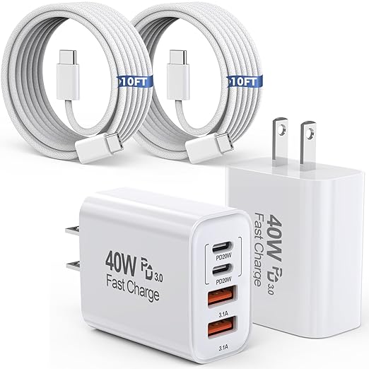 10FT iPhone 17 16 15 Pro Charger,2Pack 10Foot USB C to C Woven Cable Cord 40W USB C Apple Charger 4 Port PD&AC Charge Block Fast Charging for iPhone 17 Air/17 16 15 Pro Max/16e/16 Plus/15/15 Pro/iPad