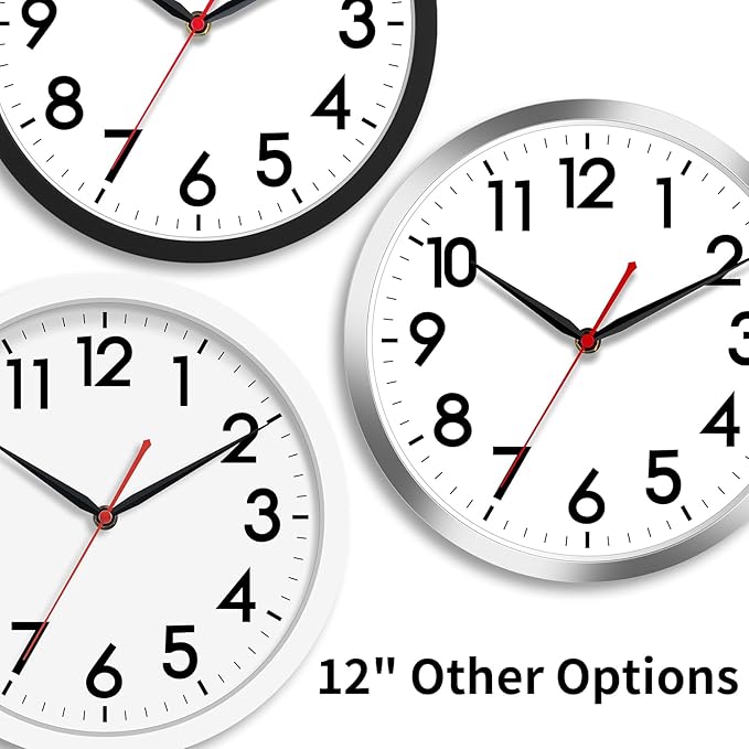AKCISOT Wall Clock 12 Inch Silent Wall Clocks Battery Operated Non Ticking - Modern Silver Clock Decorative for Kitchen, Bathroom, Bedroom, Living Room, Office, Home