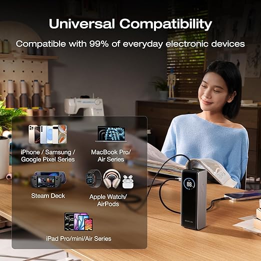EF ECOFLOW Rapid Power Bank 25,000mAh, 170W Portable Charger with Dual 140W USB-C Ports for Multi-Device Charging, Smart TFT Screen, Compatible with iPhone 17/16/15/14, Samsung, Laptop (Silver)