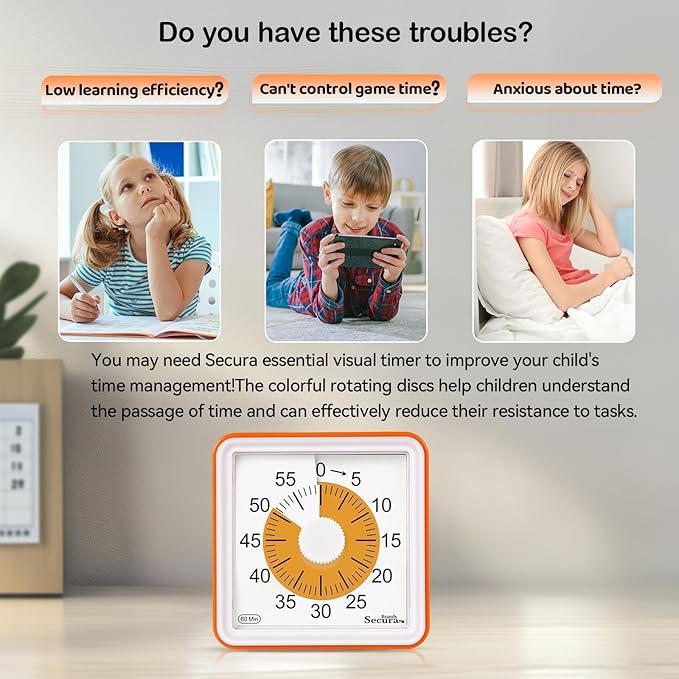 Secura 60 Minute Essential Visual Timer for Kids, Countdown Clock Timer for Special Education, Classroom, School, Desk, Home, Office, Silent Non-Ticking Time Management Tool (Orange & Orange)